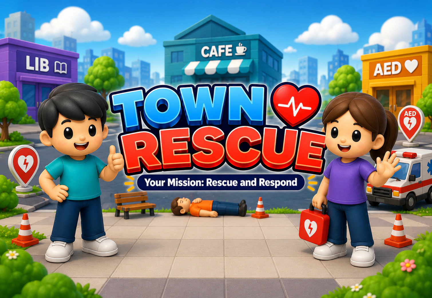 Town Rescue: Your Mission, Rescue and Respond. Two characters stand in a town with a library, café, AED station, and ambulance.